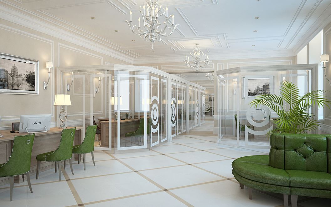 Вся внутренняя отделка отражает концепцию дизайнера - создание первого исторического офиса банка в Санкт-Петербурге.
