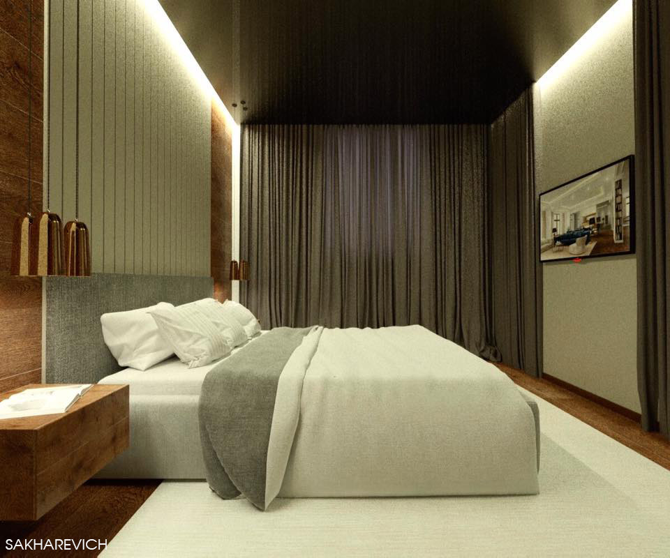 Спальня - это камерное пространство, для отдыха и расслабления.
Мягкий текстиль штор почти по всему периметру комнаты обволакивает и успокаивает. 
При необходимости можно как сдвинуть все шторы так и собрать в одном углу.