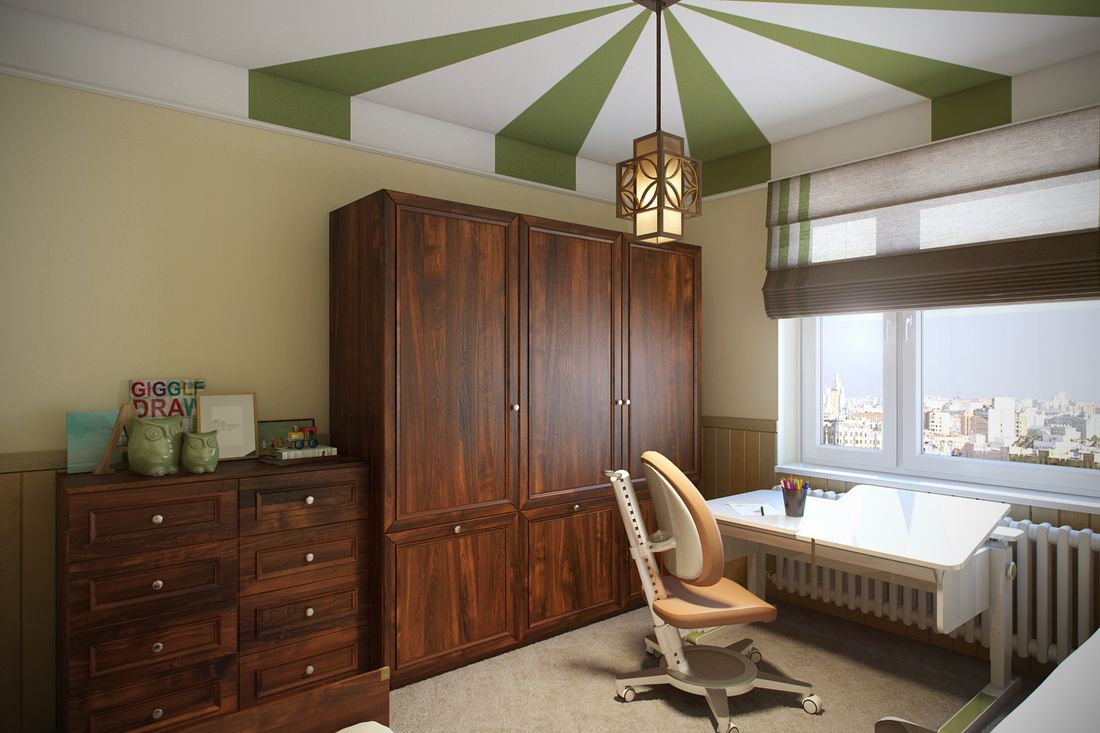 Оформили эту комнату, используя нейтральный и благотворный зелёный цвет, расположили его на потолке, чтобы как можно больше визуально расширить пространство.