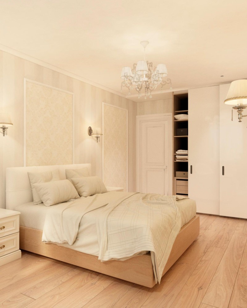 Грамотное расположение акцентов спальни создано за счёт чередования молдингов и бра стене. Небольшая гардеробная в виде встроенных шкафов поддерживает концепцию свободной планировки в квартире.