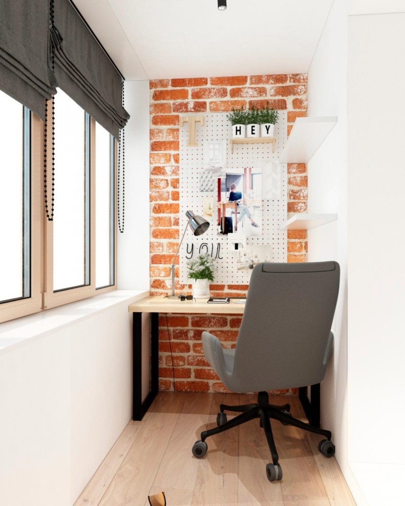 Эргономичное использование балконной площади в квартире позволяет создать отдельную уютную зону для уединённой работы. Рабочее место спроектировано в стиле лофт, не перегружает внимание и позволяет настроиться на работу.