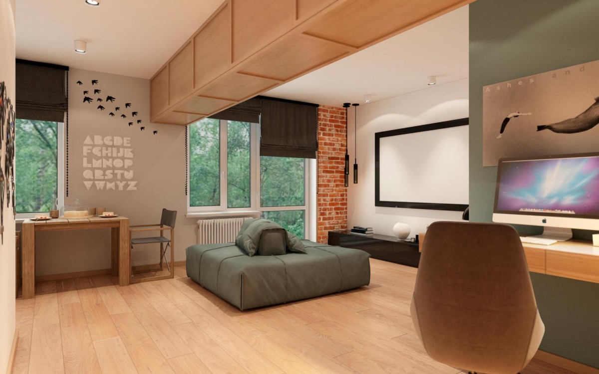 Перенос дивана-пуфа в рабочую зону, существенно освобождает центральное пространство в квартире. Выбранный текстиль в оформлении дивана, позволяет ему гармонично вписываться в любую среду квартиры.