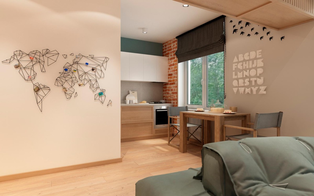 Эффектно зонировать общее помещение кухни-гостиной позволяет умелое использование различных фактур отделки стен в комнате.