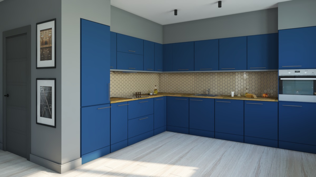 Зона кухни занимает две стены, очень вместительная. В отделке фартука использована шестигранная мозаика, эта же форма повторяется в силуэте люстры и обоях в зоне с телевизором. Активный синий цвет перекликается с цветом дивана.