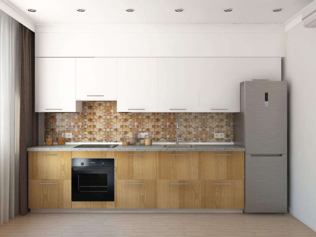 Кухня. Такая же плитка выложена на фартуке кухни. Низ кухни — светлое дерево, верх — белый глянец, что позволяет сделать кухню визуально более лёгкой.