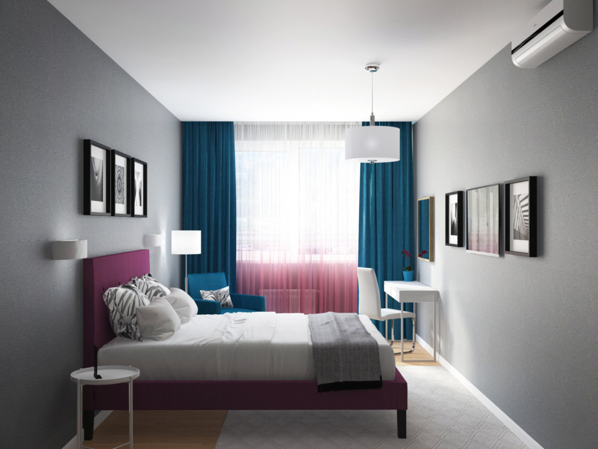 Спальня родителей — строгие формы, яркие цвета на спокойном сером фоне.