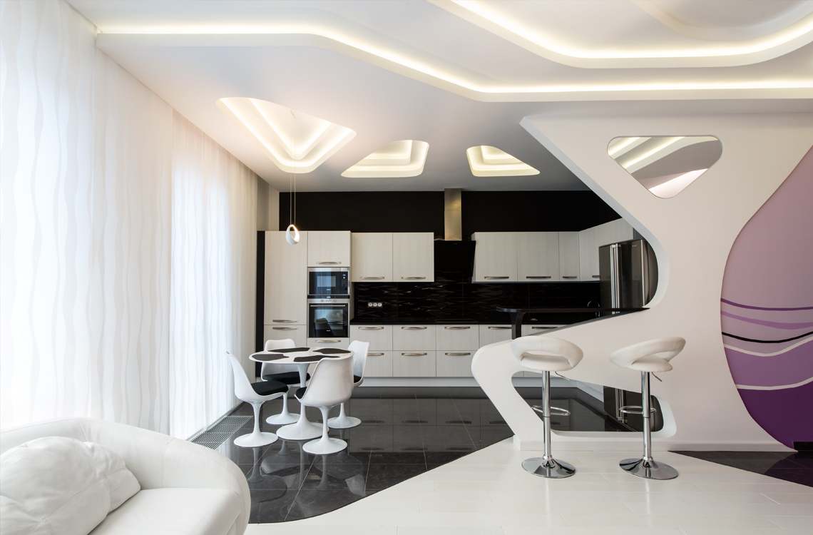 Сложные потолки со светодиодной подсветкой также подчеркивают это зонирование. В кухне и гостиной появились современные светильники фирмы Artemide ( Италия).