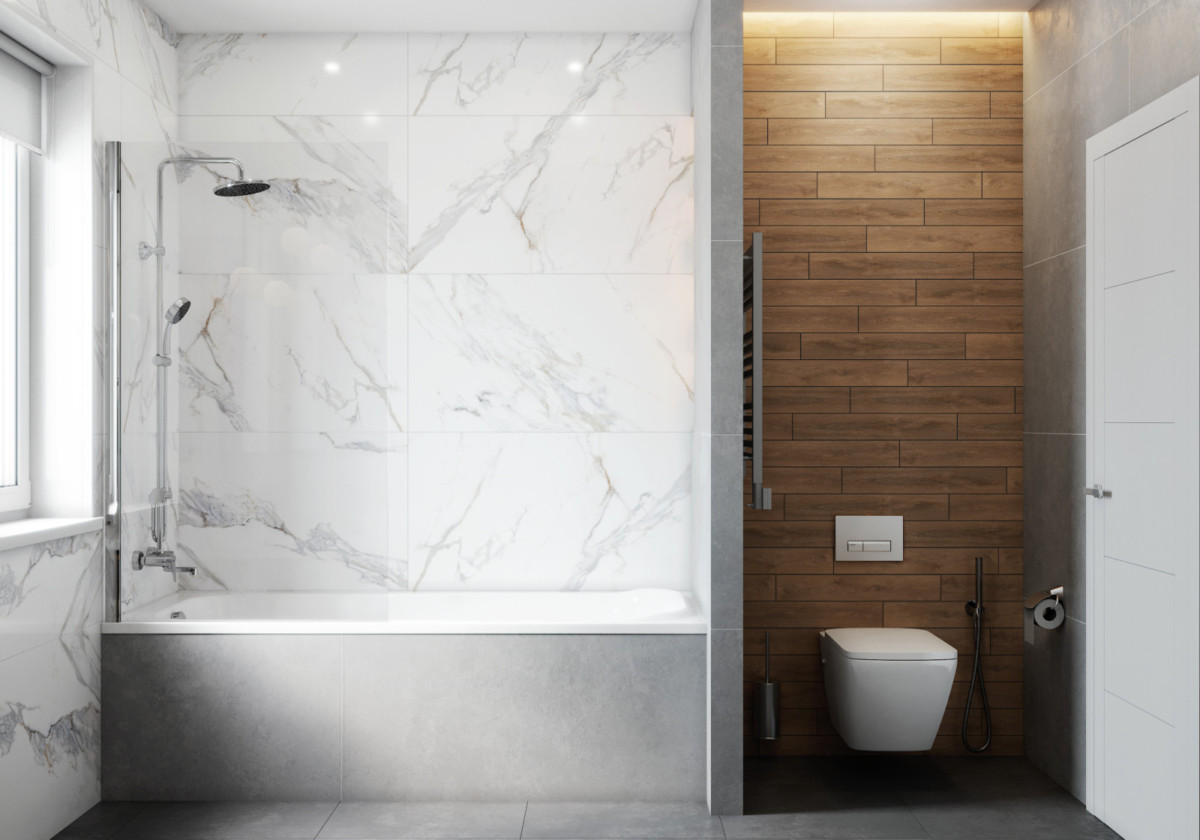 Лаконичная ванная, в дизайне которой используются две казалось бы несовместимые текстуры. Однако как раз благодаря использованию разных текстур ванная комната визуально поделилась на 2 зоны.