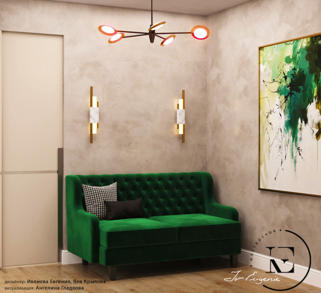 Зона отдыха расположилась в угловой части кабинета. Мягкий, удобный диван нежно-зеленого цвета может служить и спальным местом. Нежные бра дают хорошее освещение в темное время суток. Обратите внимание на авторскую картину, которая поддерживает общую концепцию стиля Soleray.