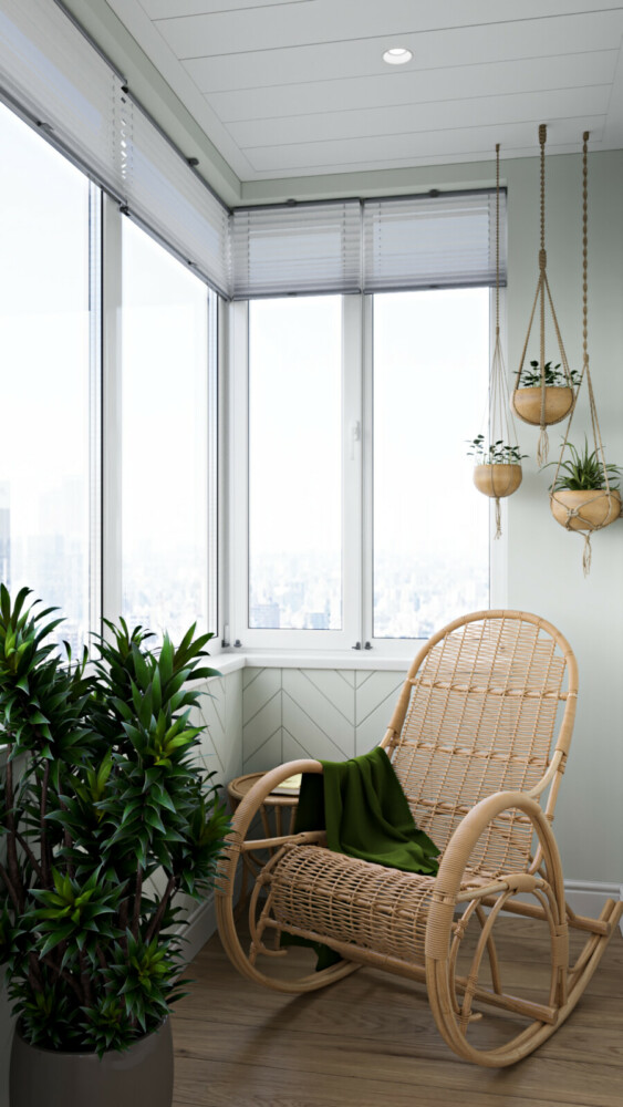 Когда пространство на балконе позволяет поставить кресло качалку - это роскошно. Ведь нет ничего приятнее с утра, чашечка кофе в кресле на свежем воздухе с прекрасным видом из окна